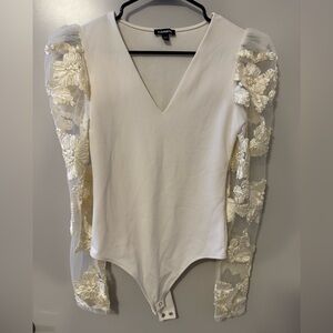 Express Cream Bodysuit with Floral Embroidered Sleeves